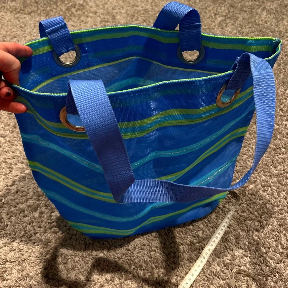 Blue‎ Striped Tote Bag with Silver Accents and Webbing Handles Cute